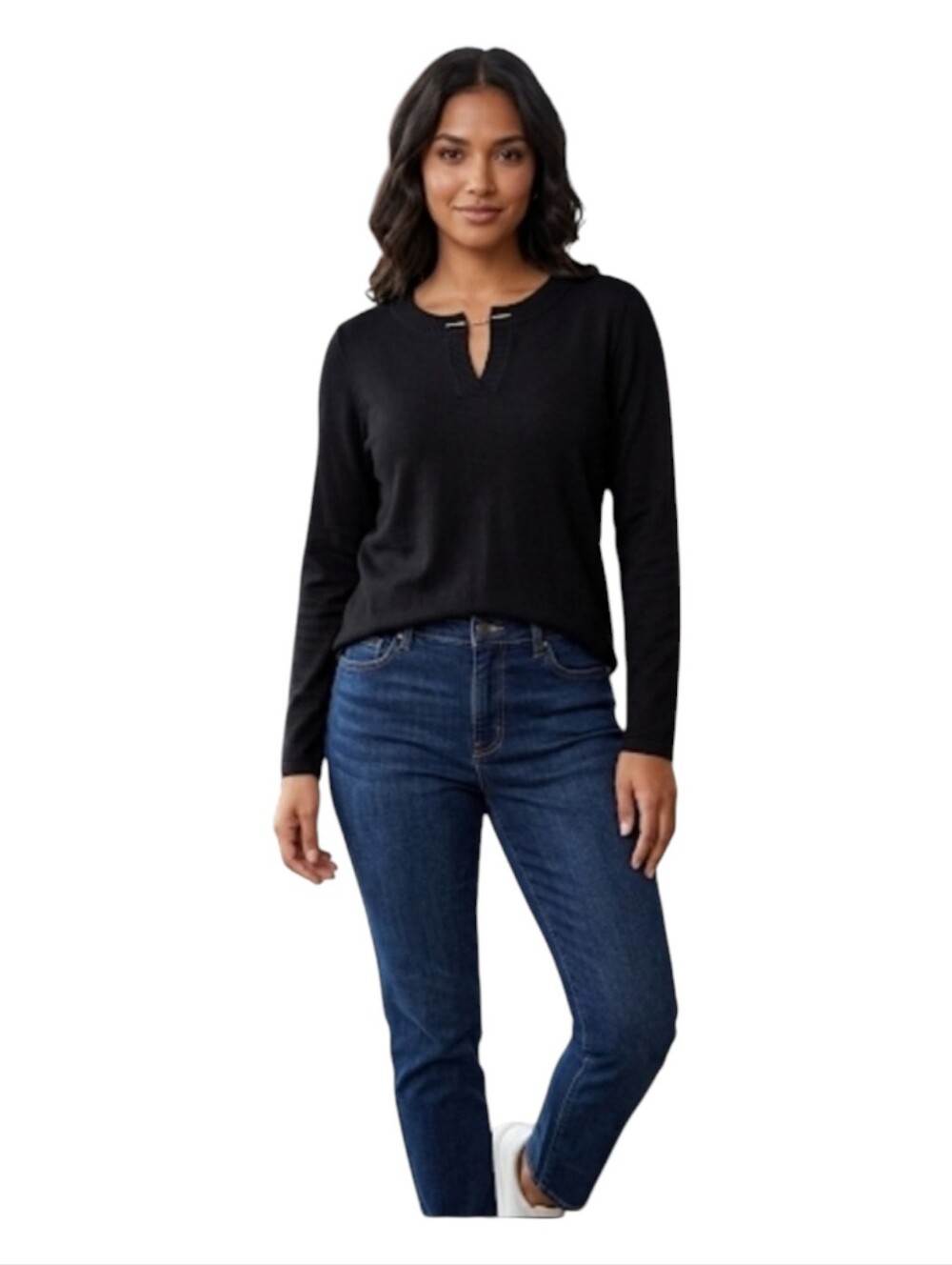 Rafaella Black Long-Sleeve Split-Keyhole Knit Top Sz S